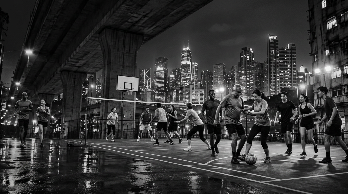 A diverse community of younger and older adults playing football, basketball, badminton and running together at night